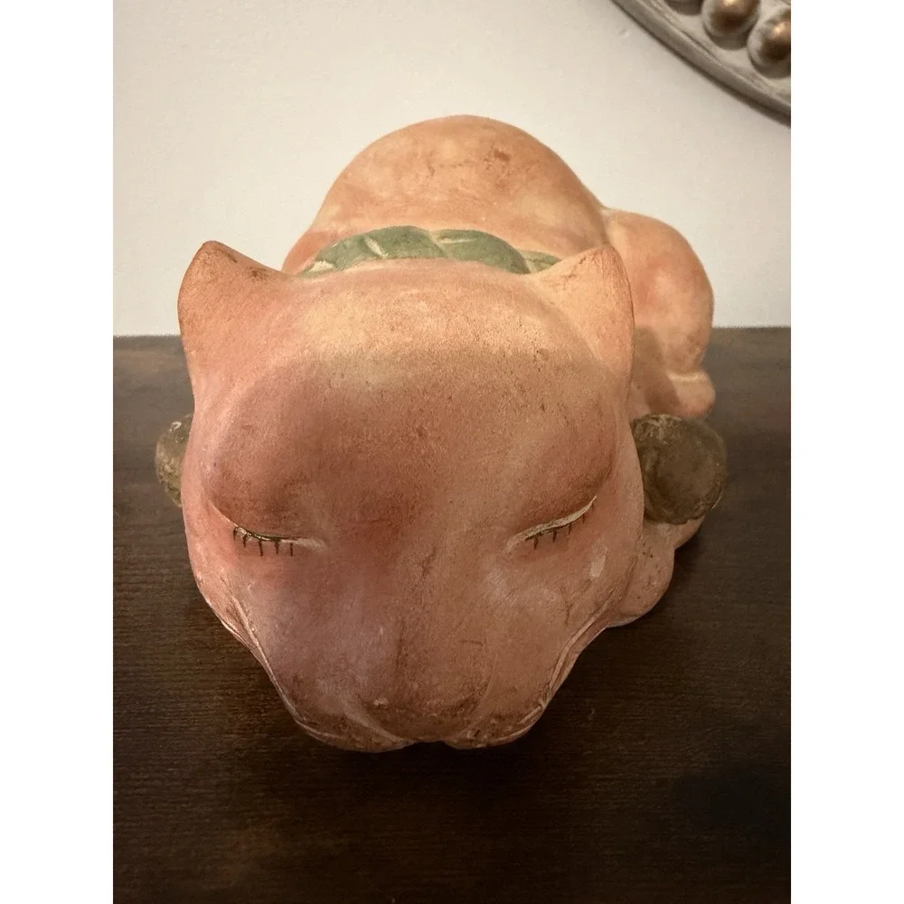 Vintage Hong Kong Terra Cotta Sleeping Cat Figurine Bell Collar 9